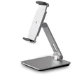 Folding aluminium phone and tablet stand in black showing 360° rotation and anti-slip silicone pads