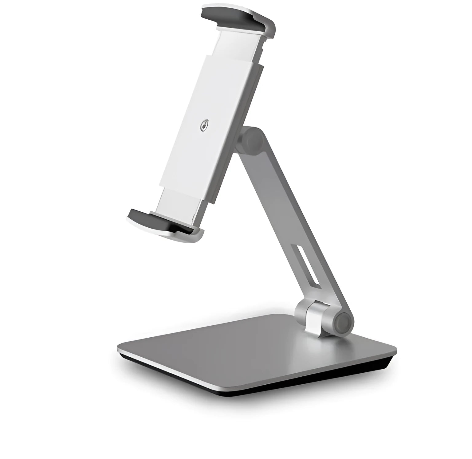 Folding aluminium phone and tablet stand in black showing 360° rotation and anti-slip silicone pads