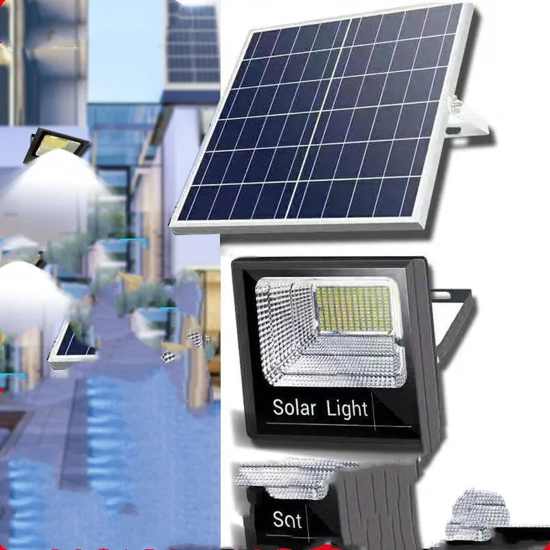 Black solar-powered LED flood light with solar panel on top, mounted on an outdoor wall.