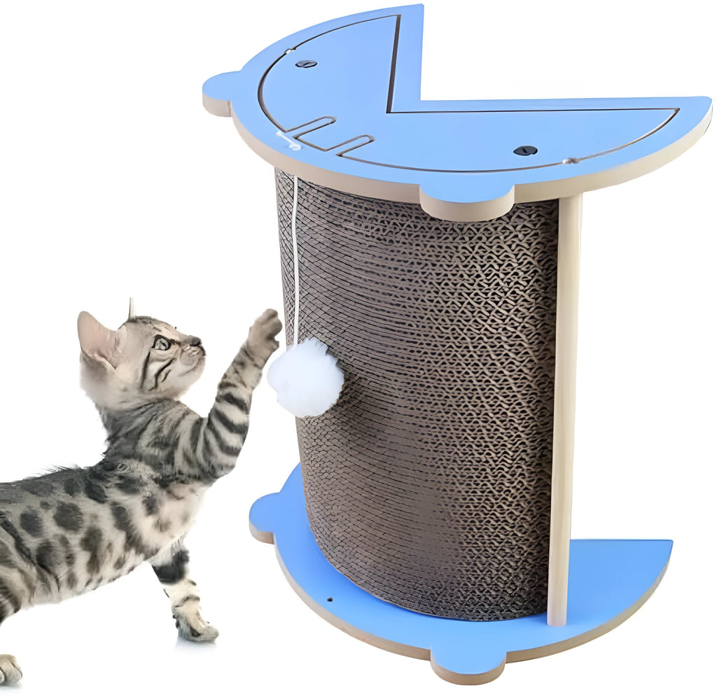 Corner-mounted cat scratching pad with hanging ball attachment for furniture protection