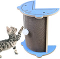 Corner-mounted cat scratching pad with hanging ball attachment for furniture protection