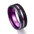 Tungsten carbide men's ring with purple inner ring and frosted groove finish on white background