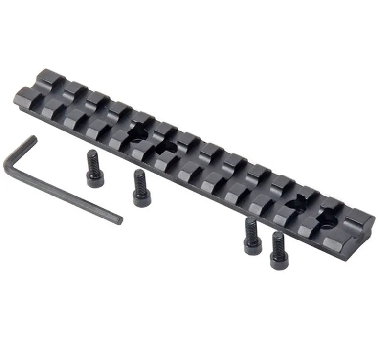 Black anodised aluminium shotgun scope mount with 5.5 inch rail and mounting hardware