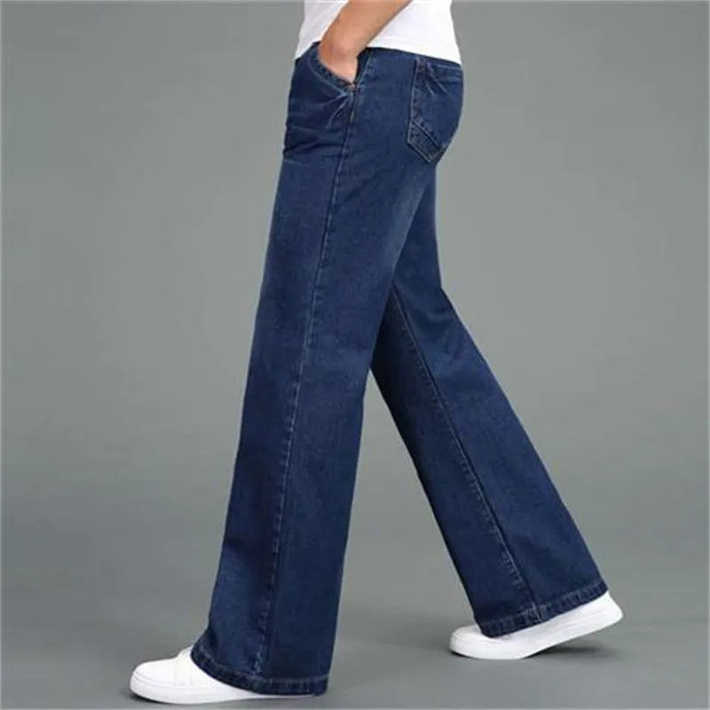 Men's loose straight-leg flared jeans in solid colour, polyester fiber, available in black, blue, and light blue shades