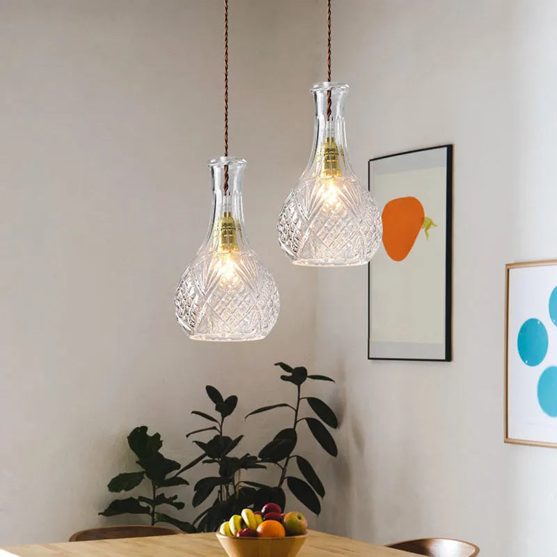 Modern simple glass bottle fishing line chandelier with adjustable height 1.2m and button switch for living room