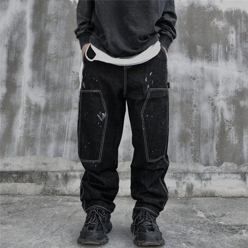 Men's washed distressed straight loose fit mid-waist jeans in black and blue available in sizes M to XXL