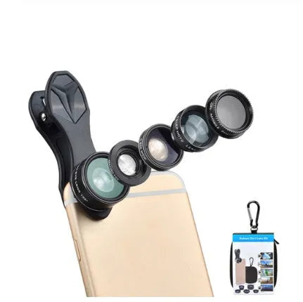 Universal 5-in-1 smartphone lens kit with fisheye, wide angle, macro, telephoto and CPL lenses