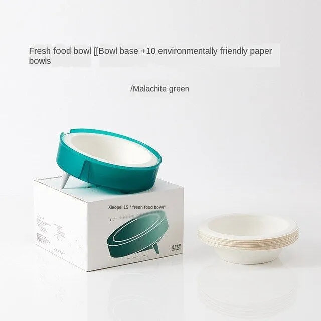 Cat disposable food bowl with green bowl base, disposable paper bowl, and non-slip foot pad, 17.8cm diameter