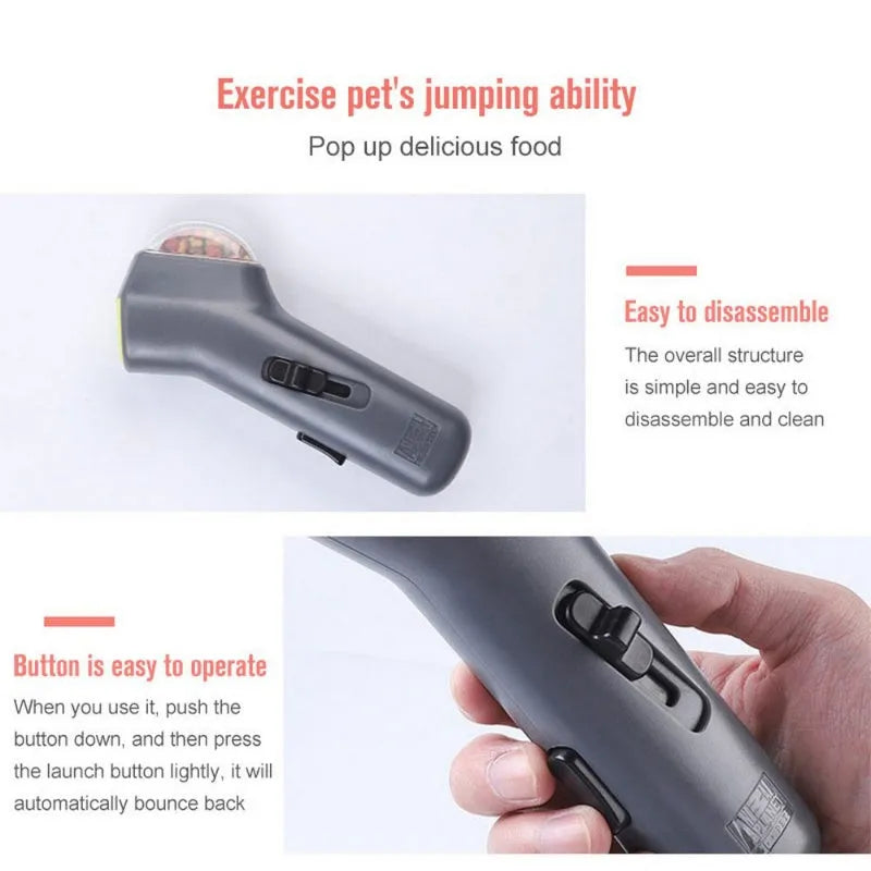 Grey pet snack catapult launcher for dog and cat training, showing handle and treat compartment