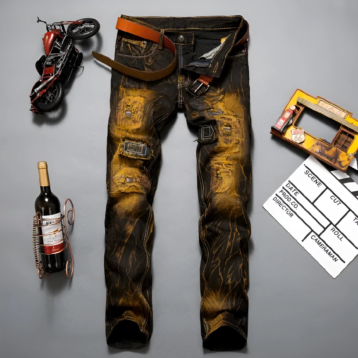 Rugged biker cargo pencil jeans in army green for men, multiple pockets and zip details
