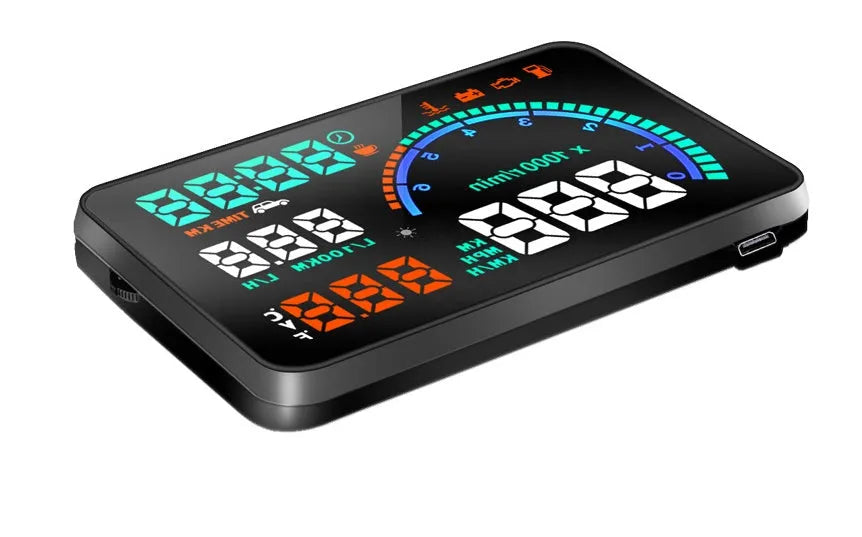 Black car head up display with 5.5-inch LED screen on dashboard showing speed and fuel data
