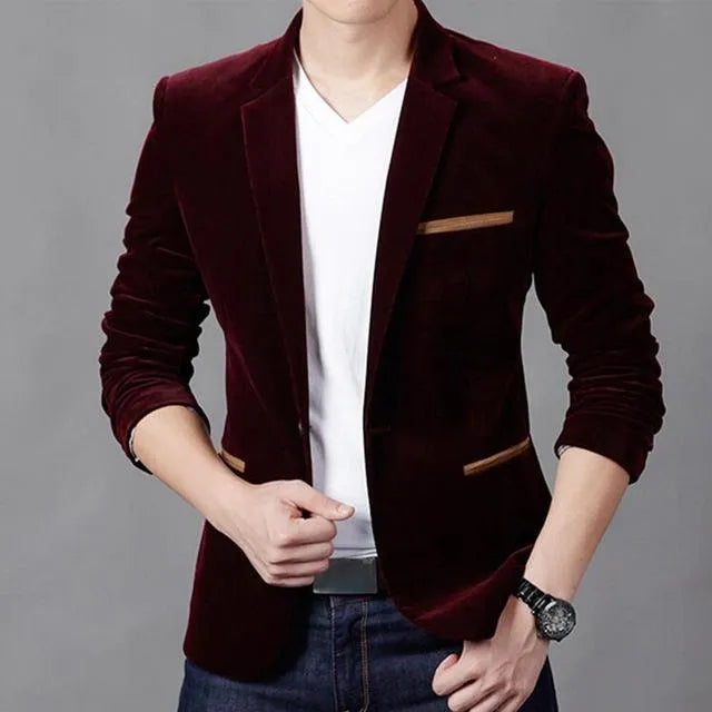 Men's casual suit slim corduroy suit in camel colour, Asian sizing, polyester fibre
