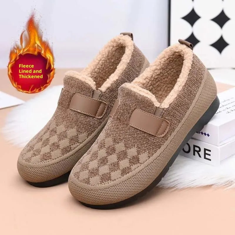 Women's Old Beijing cloth shoes with plaid upper, artificial velboa lining, and flat PVC sole in black, red, or khaki