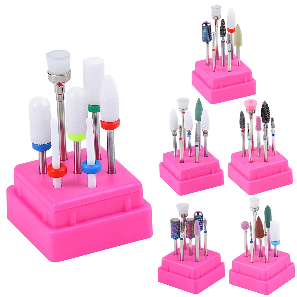 Set of seven tungsten steel nail drill bits and a brush in a transparent plastic case.