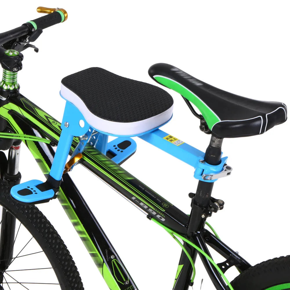 Front-mounted bicycle child seat with cotton tube cushion, foldable pedals, and 31.8mm quick-release clamp