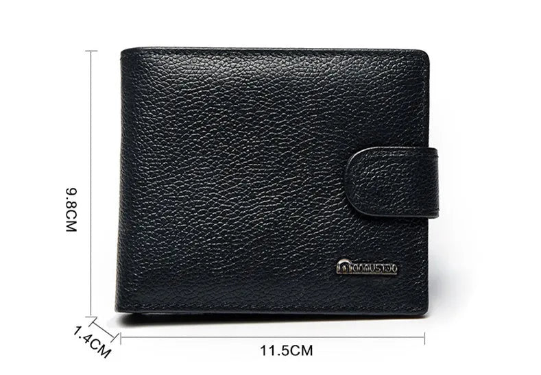 Black PU leather bifold wallet with buckle closure, multiple card slots, and coin pocket on white background
