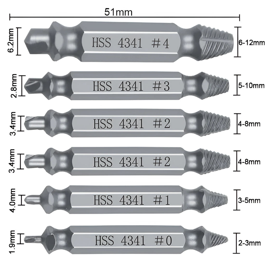 6-piece high speed steel 4341 slip-tooth head screw extractor set on a neutral background