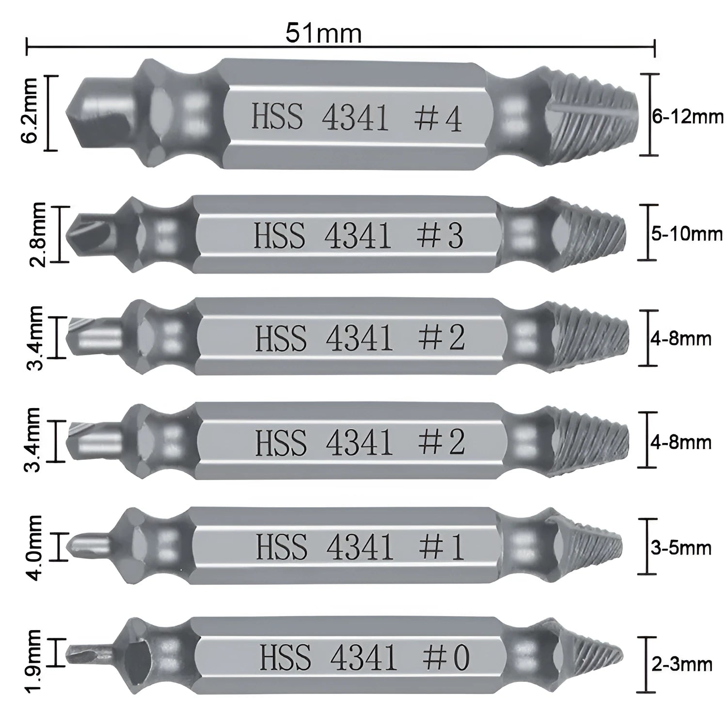 6-piece high speed steel 4341 slip-tooth head screw extractor set on a neutral background