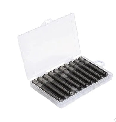 Pack of 10 small steel ink sacs for fountain pen repair next to a vintage pen.