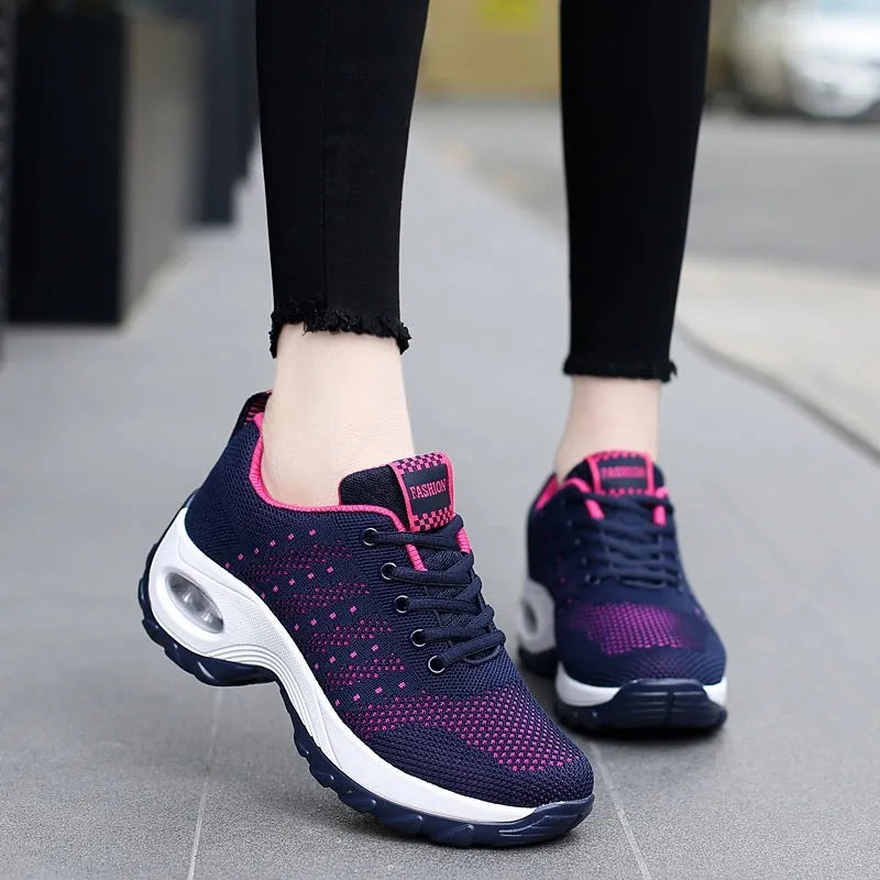 Ladies mesh lace-up walking shoes in breathable fabric, side view, available in multiple colours