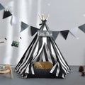 Detachable pentagonal pet tent in black and white stripes with cotton canvas cover and New Zealand pine frame