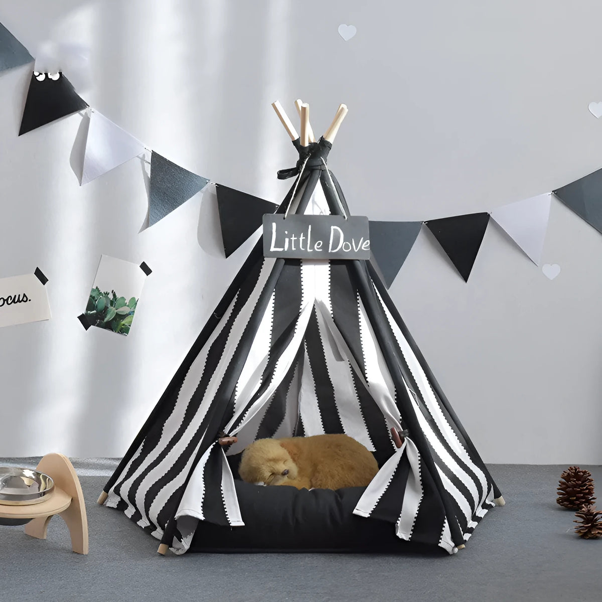 Detachable pentagonal pet tent in black and white stripes with cotton canvas cover and New Zealand pine frame