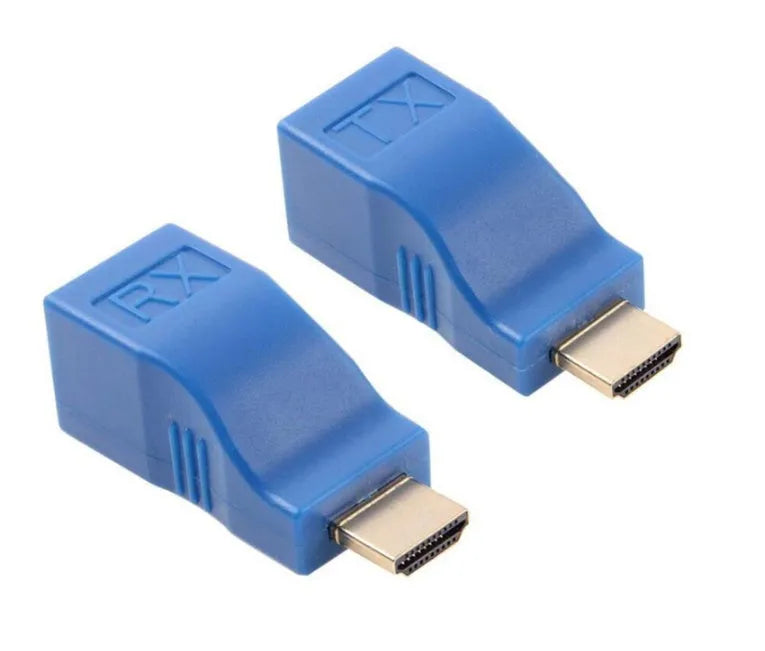 HDMI extender transmitter and receiver unit pair for signal extension over CAT-5e network cable