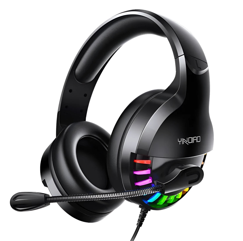 Black wired gaming headset with microphone, sound control, and foldable ear cups