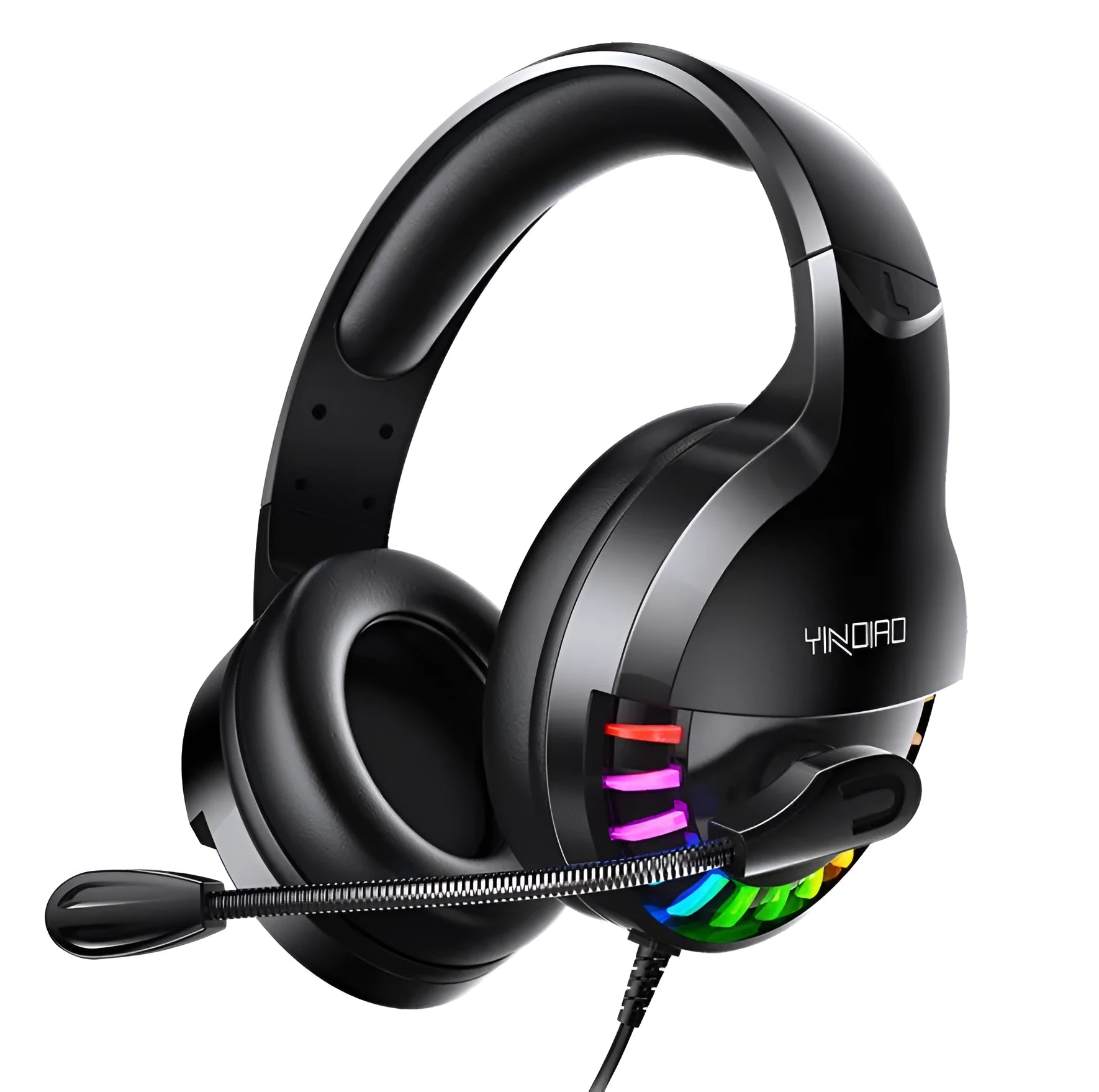 Black wired gaming headset with microphone, sound control, and foldable ear cups