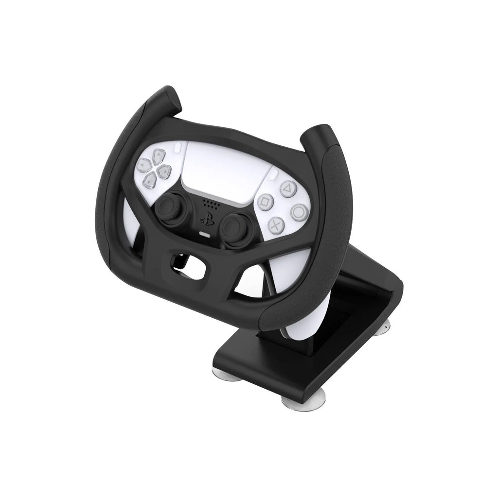 Black ABS gamepad steering wheel bracket with suction cup for mounting a mobile phone.