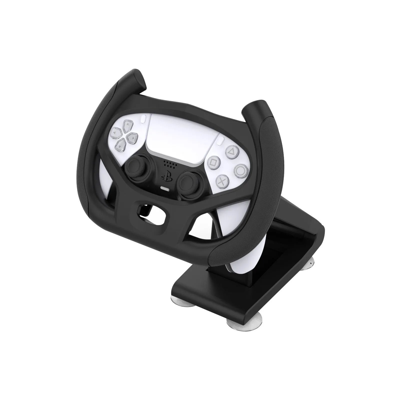 Black ABS gamepad steering wheel bracket with suction cup for mounting a mobile phone.