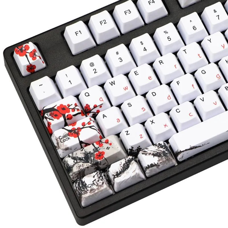 PBT Wangjiang plum 109-key keycap set with five-sided sublimation, OEM height, in Japanese layout on a mechanical keyboard