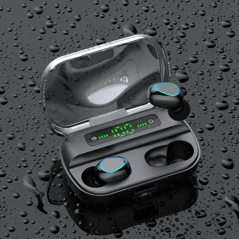 Black wireless Bluetooth in-ear headset with earplug design on a plain background