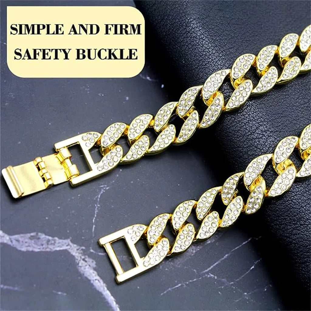 Pet dog collar necklace with diamond-style detailing, Cuban link chain, gold or silver, 20cm to 70cm