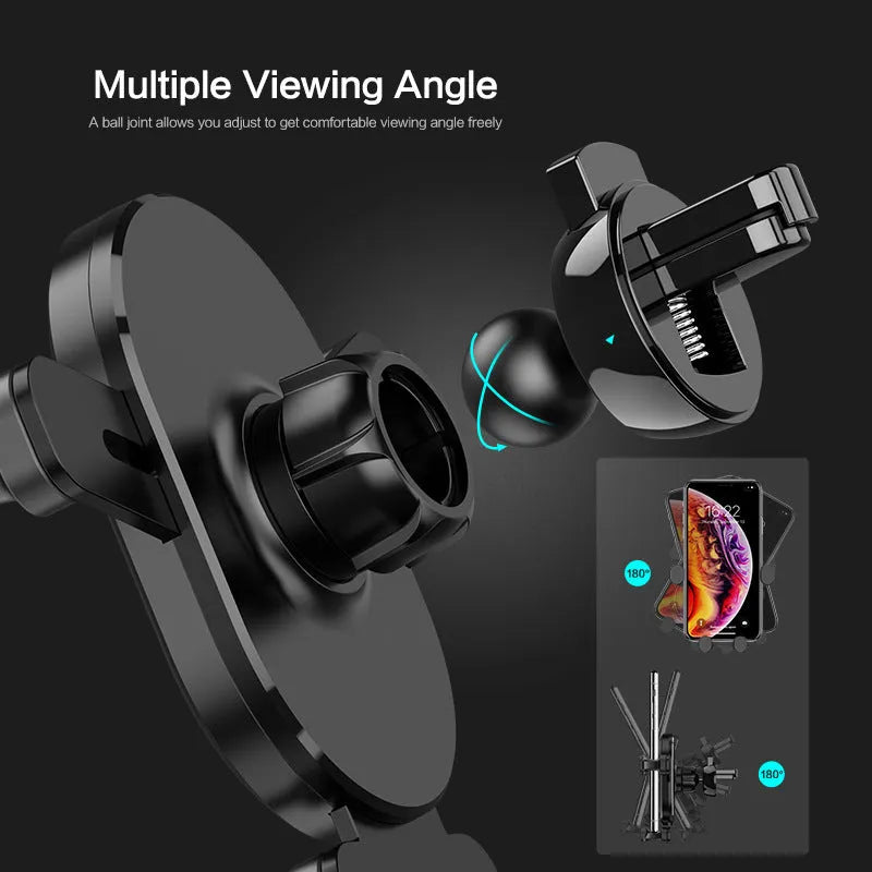 Black gravity car phone holder showing 360-degree rotation mechanism