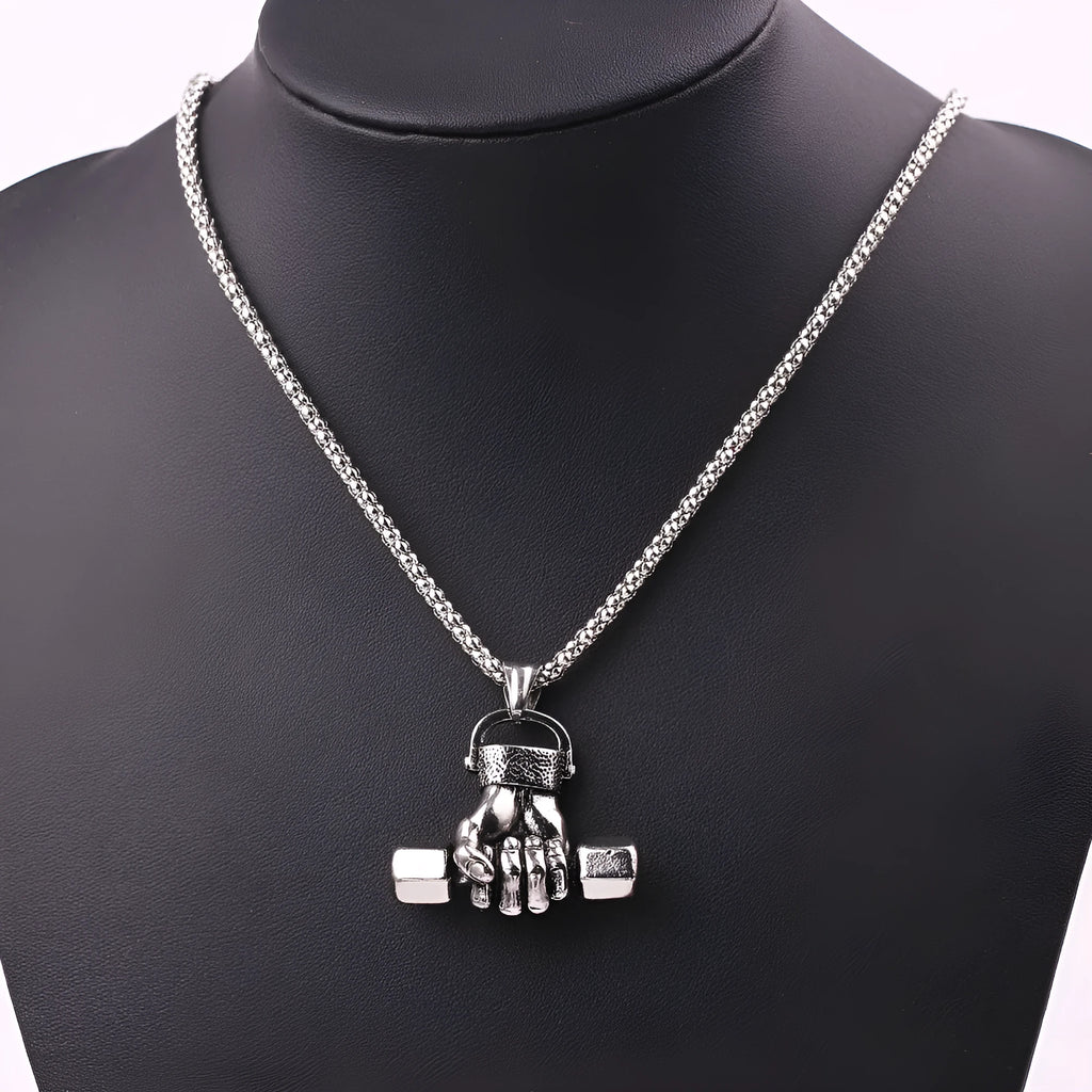 Silver gym dumbbell pendant on snake bone chain necklace unisex alloy electroplated finish