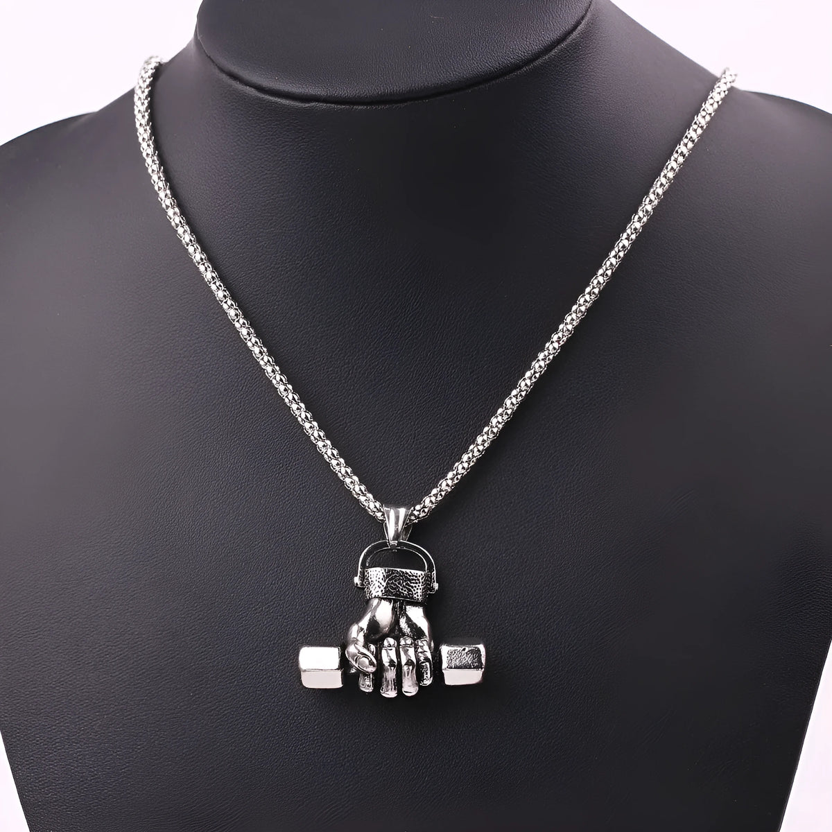 Silver gym dumbbell pendant on snake bone chain necklace unisex alloy electroplated finish