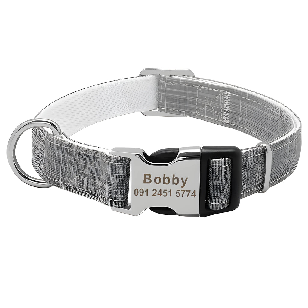 Custom engraved nylon dog collar with semi-alloy lock and D-ring, available in red, blue, and orange