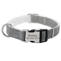 Custom engraved nylon dog collar with semi-alloy lock and D-ring, available in red, blue, and orange