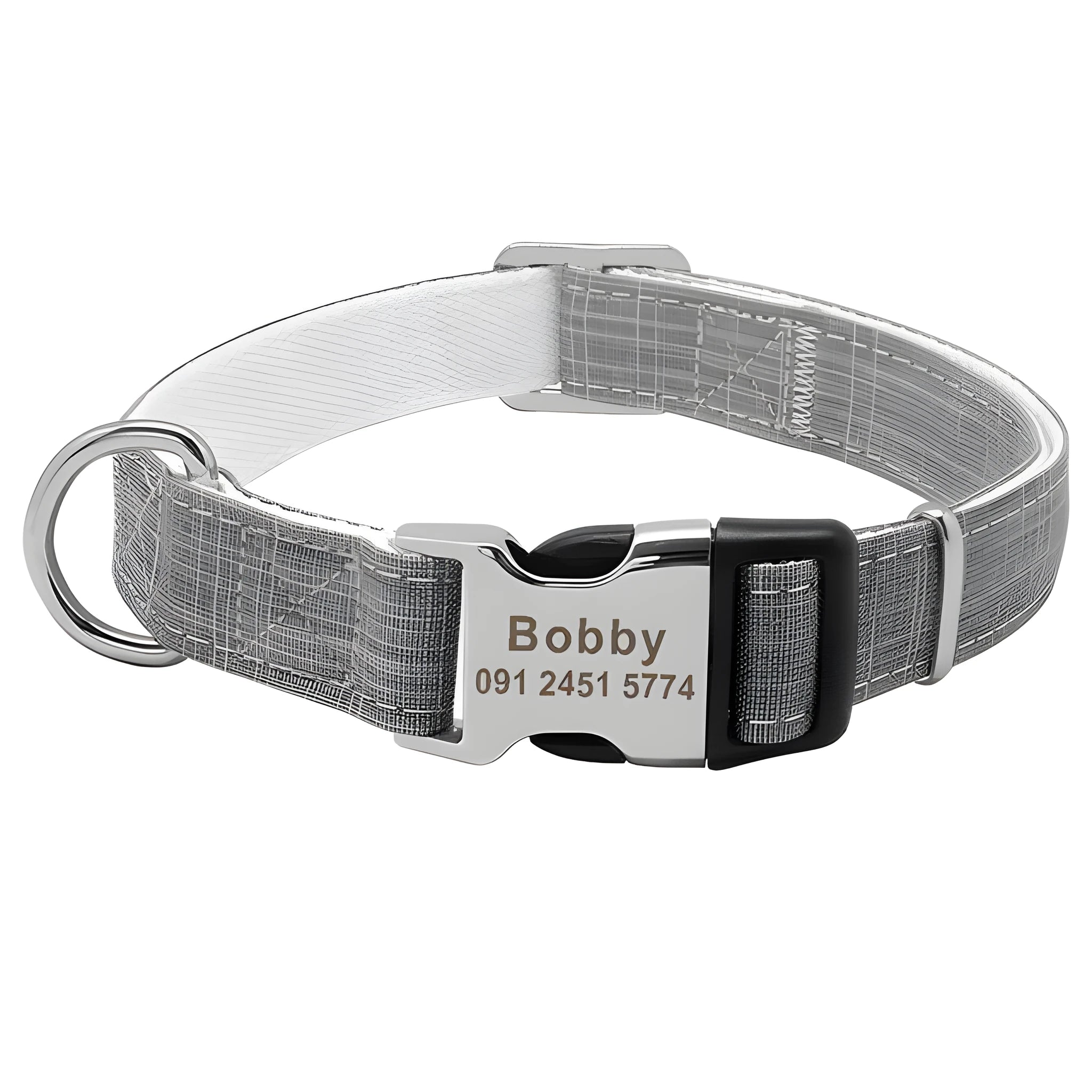 Custom engraved nylon dog collar with semi-alloy lock and D-ring, available in red, blue, and orange