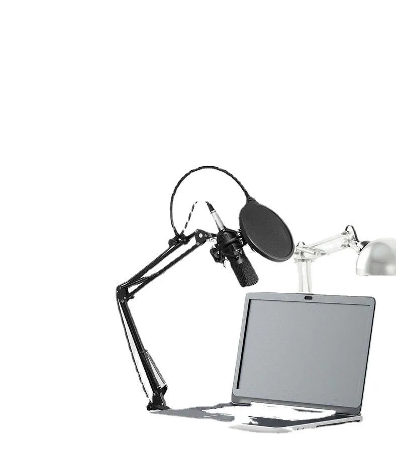 Black wired capacitor microphone on cantilever frame with shockproof support and sponge head for computer recording