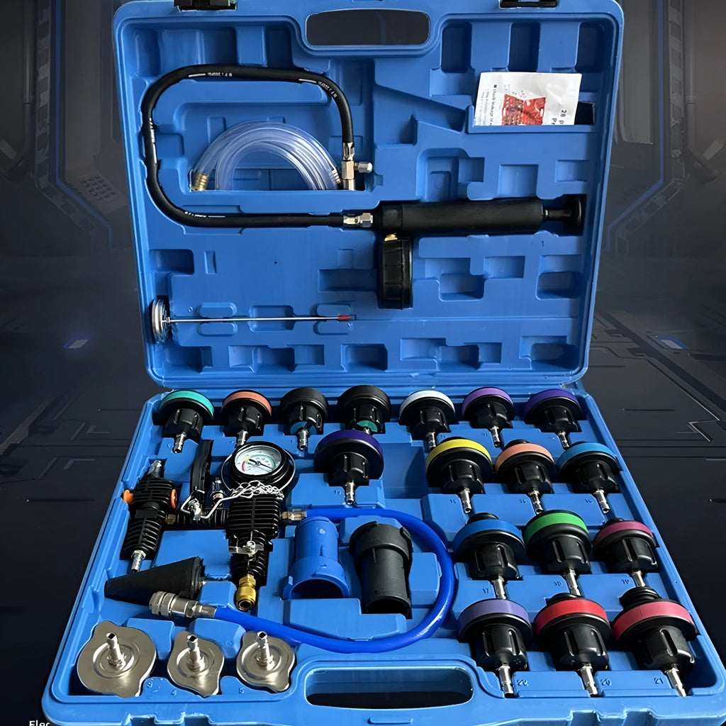 28-piece car water tank pressure leak detector kit in small blue box for cooling system diagnostics