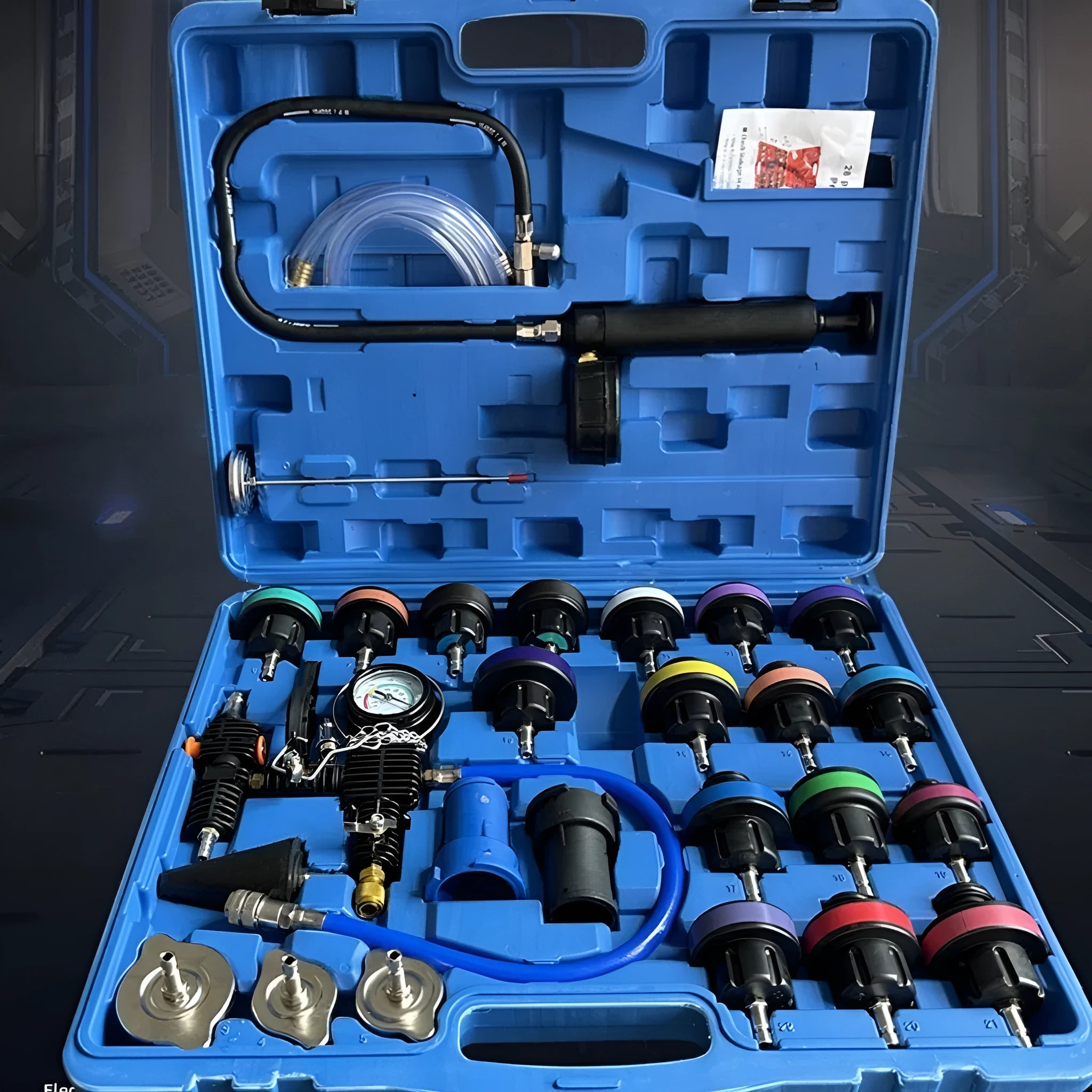 28-piece car water tank pressure leak detector kit in small blue box for cooling system diagnostics