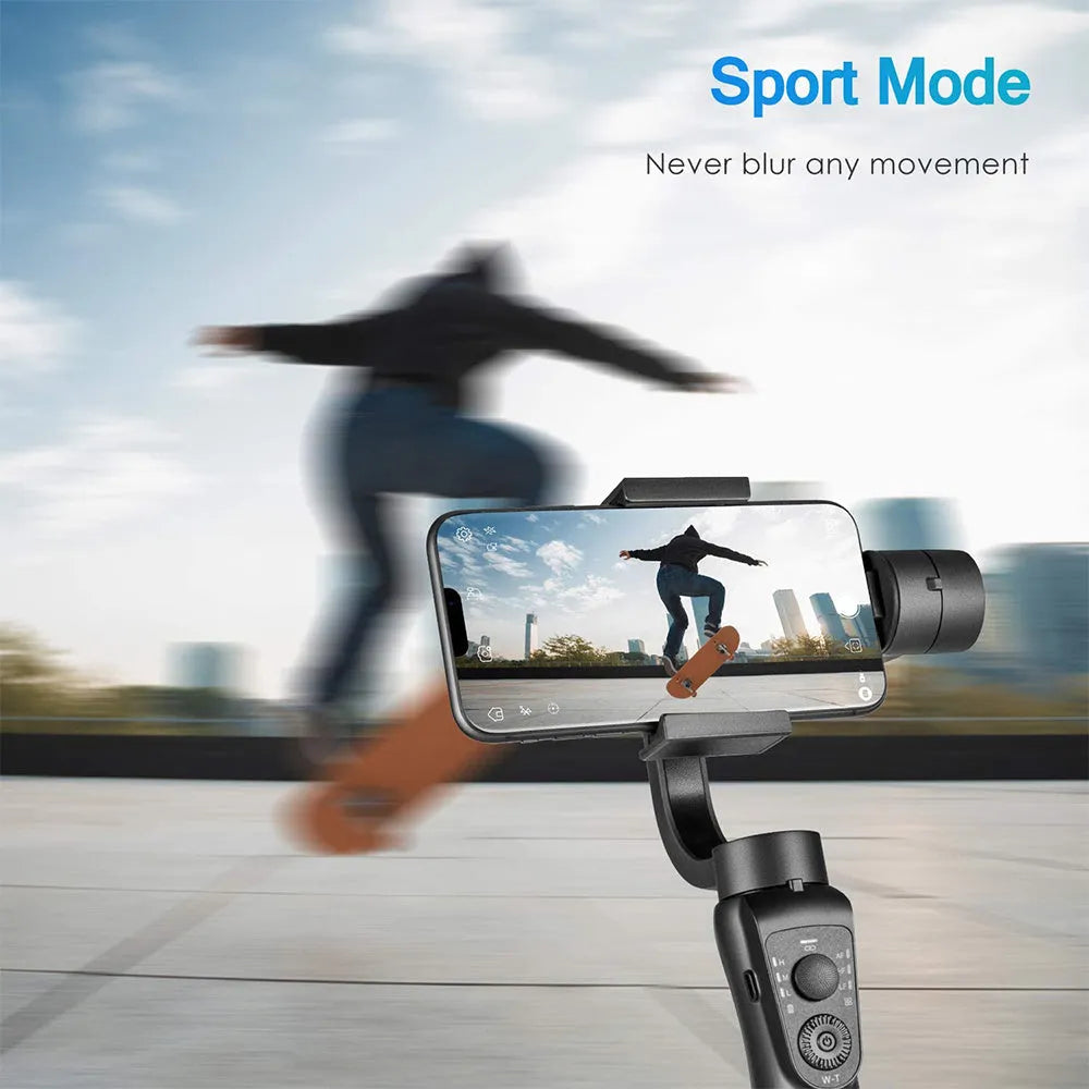 Black three-axis mobile phone gimbal stabilizer with hard case and tripod accessory