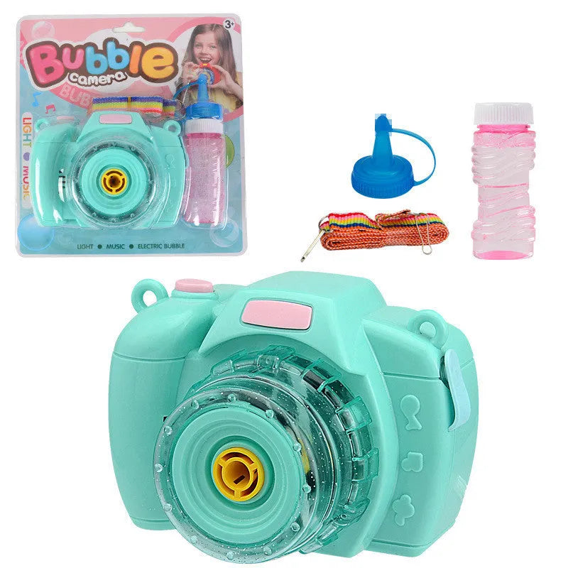 Yellow camera-shaped automatic bubble machine with flashing lights for children's outdoor play
