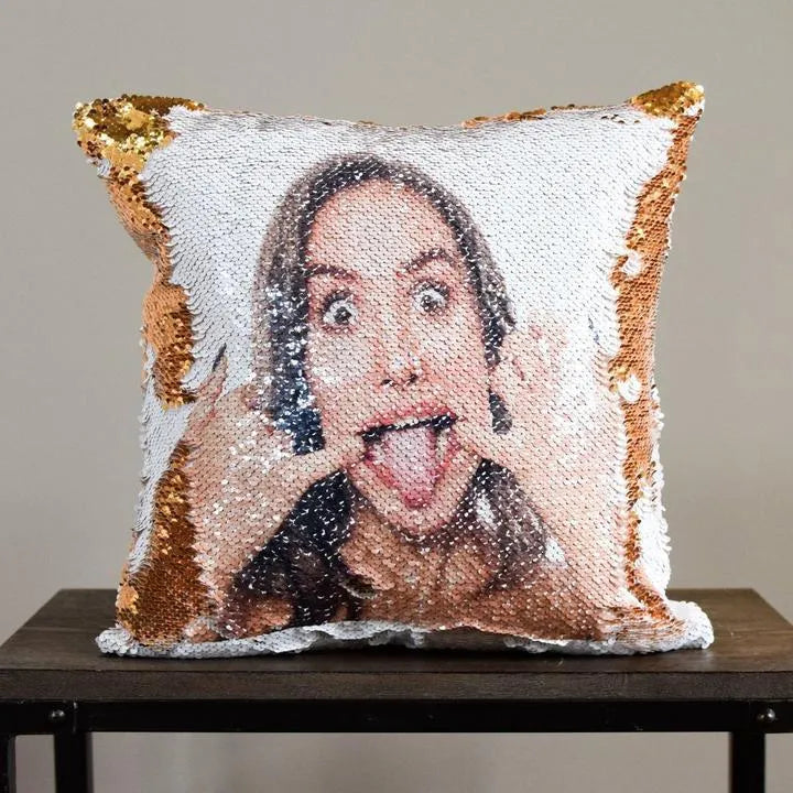 Gold custom photo sequins throw pillowcase 40cm by 40cm handmade personalised gift with reversible sequin design