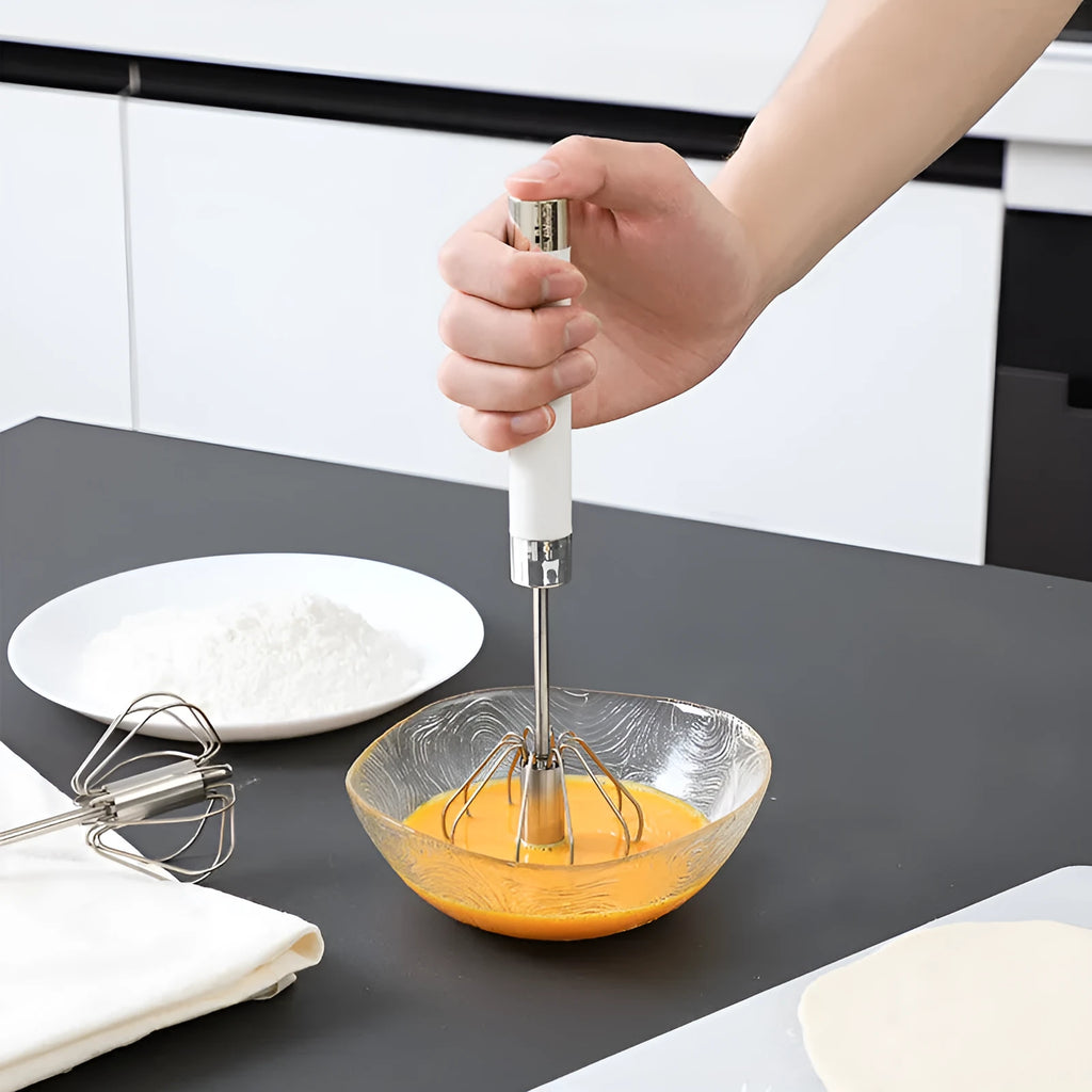 Semi-automatic stainless steel egg beater whisk with hand pressure rotating handle, 10 steel wires, silvery colour