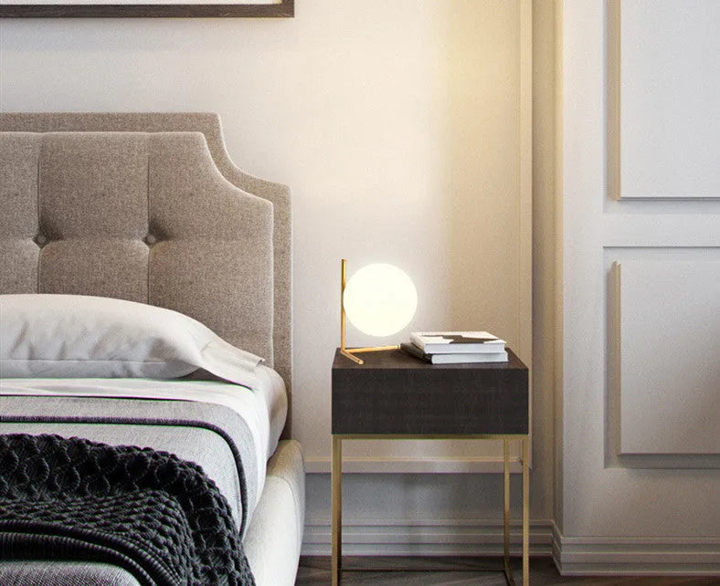 Glass shade LED floor lamp showing three colour temperature options and available in three different sizes.