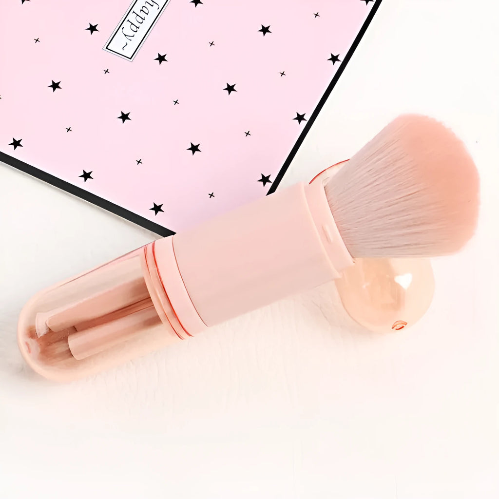 Single 4-in-1 retractable makeup brush set with man-made fibre bristles and plastic handle, 14cm total length