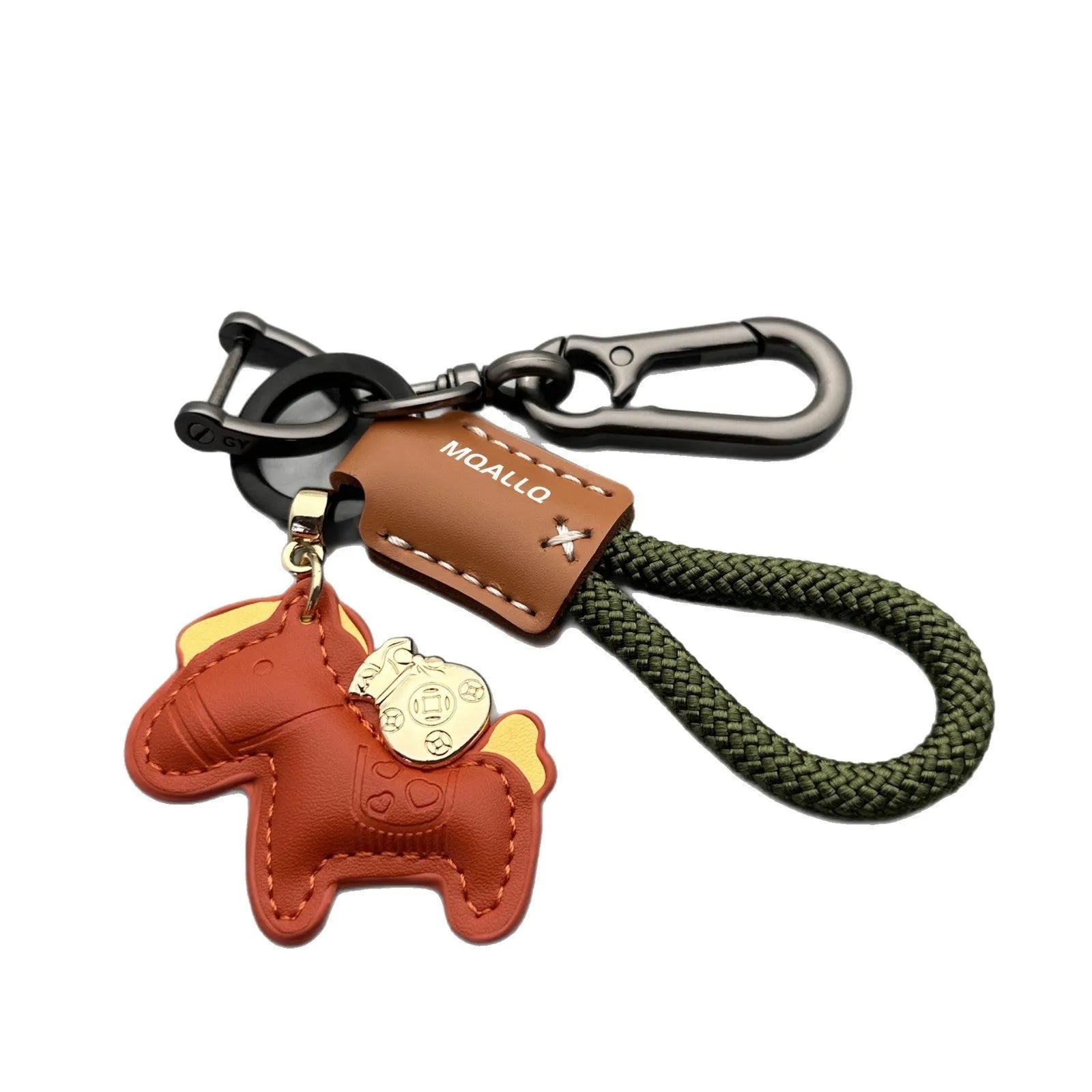 Handmade brown cowhide key ring pendant with zinc alloy pony buckle and green flanelle rope.